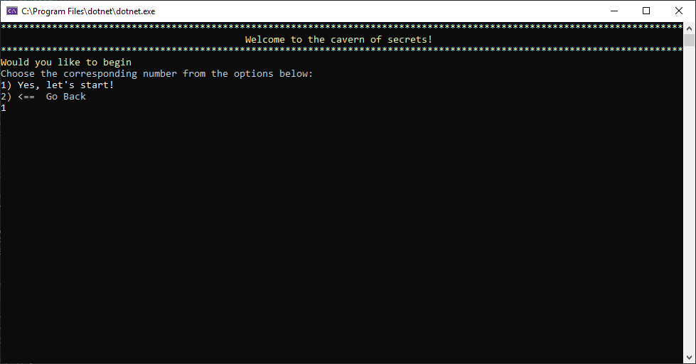 Tiny Text Adventures in a Windows console, showing a welcome banner and numbered choices to start or go back